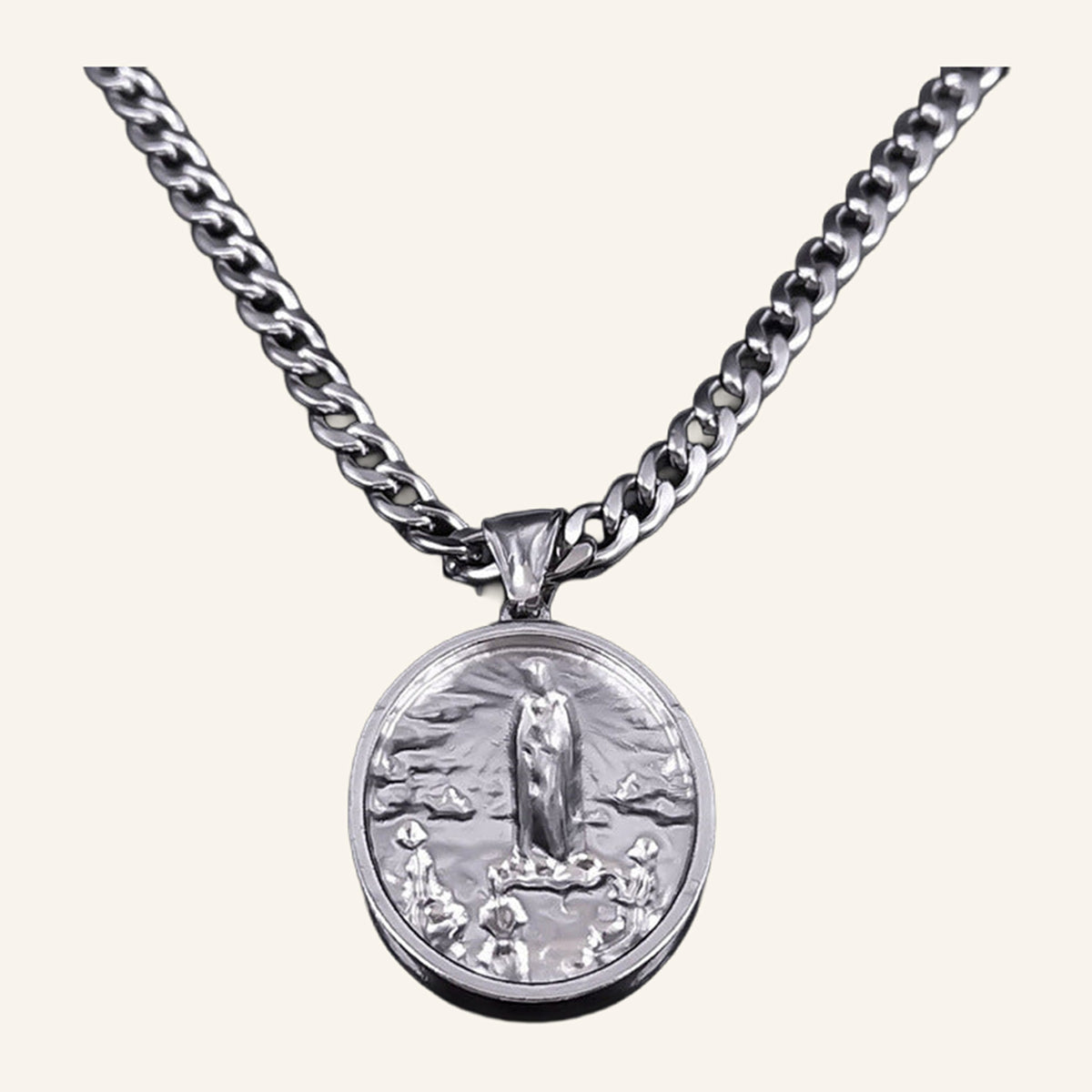 Virgen María Oval Medal Necklace – Curb Chain, Gold Tone Steel – 2