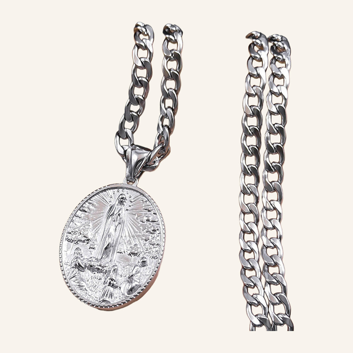 Virgen María Oval Medal Necklace – Curb Chain, Gold Tone Steel – 4
