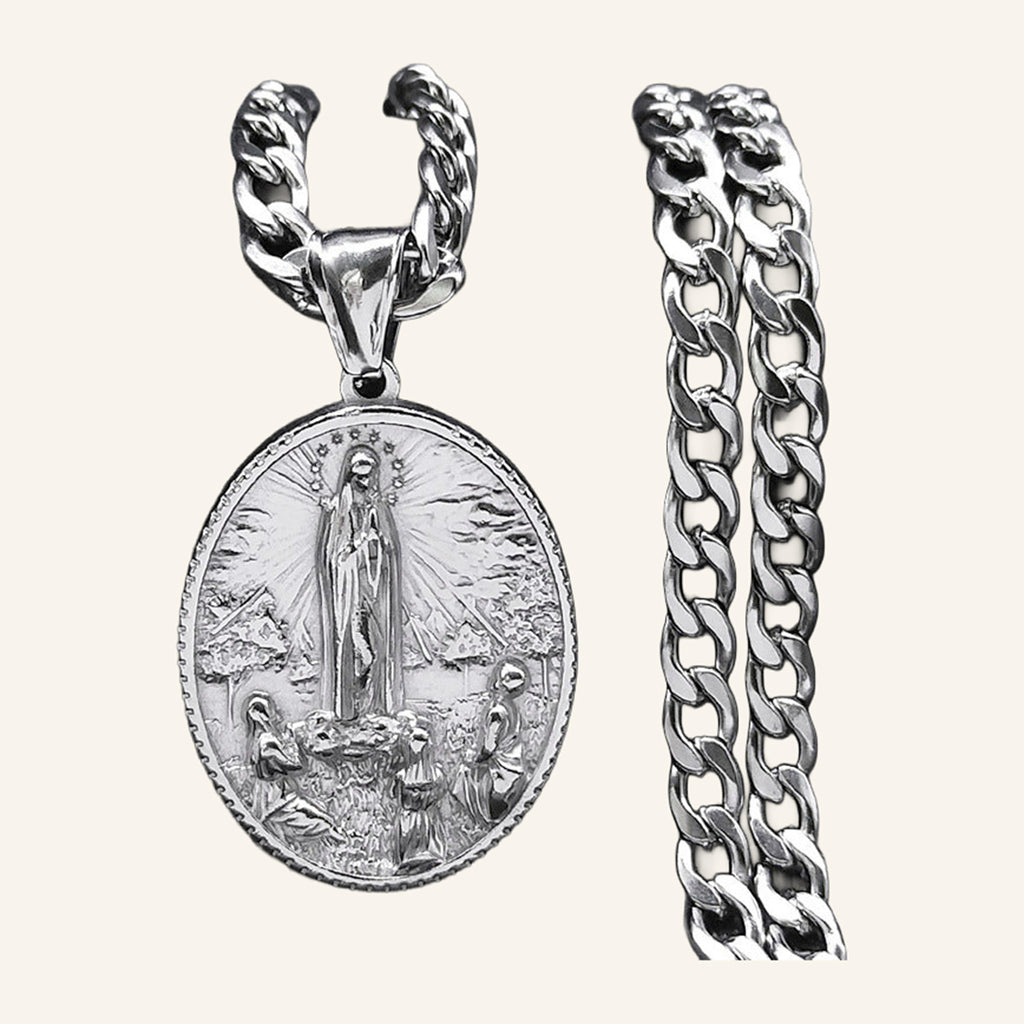 Virgen María Oval Medal Necklace – Curb Chain, Gold Tone Steel – 3