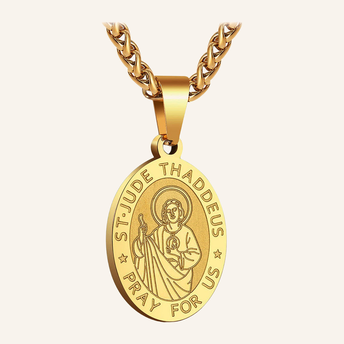 San Judas Tadeo Oval Medal Necklace – "Pray for Us", Wheat Chain