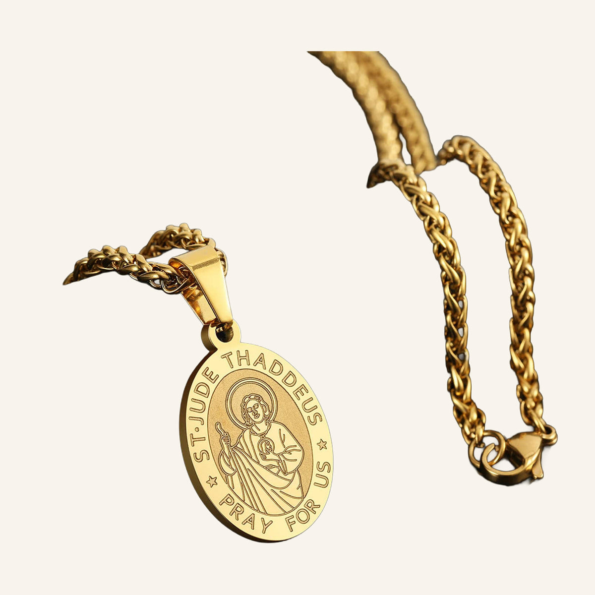 San Judas Tadeo Oval Medal Necklace – "Pray for Us", Wheat Chain – 3