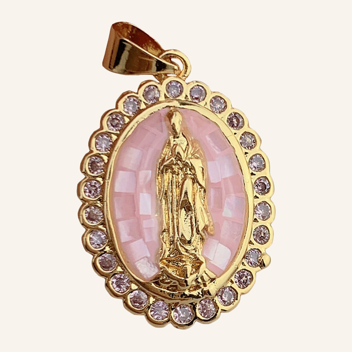 Virgen de Guadalupe Floral Pendant – Pink Mosaic, Scalloped Violet Frame