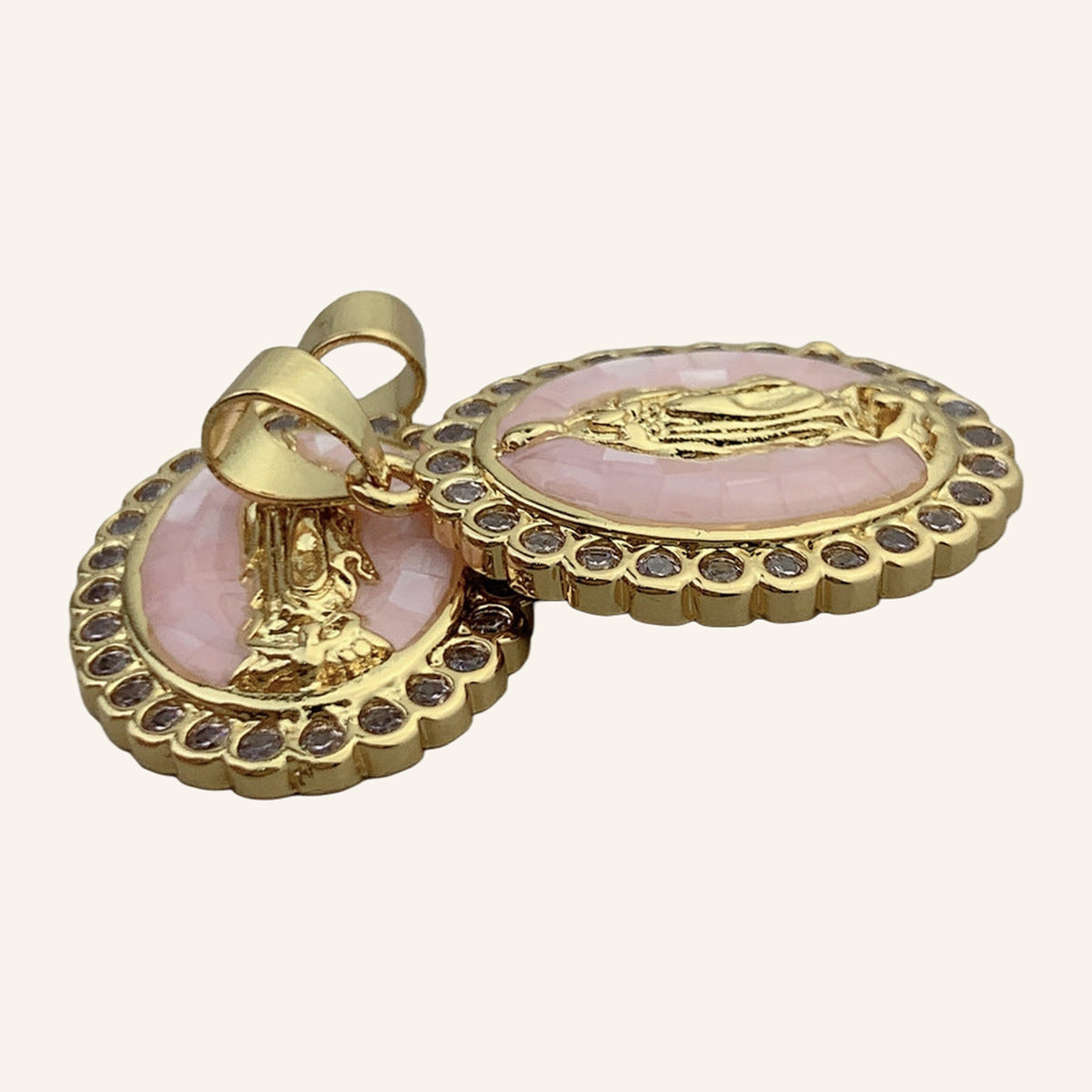 Virgen de Guadalupe Floral Pendant – Pink Mosaic, Scalloped Violet Frame – 3