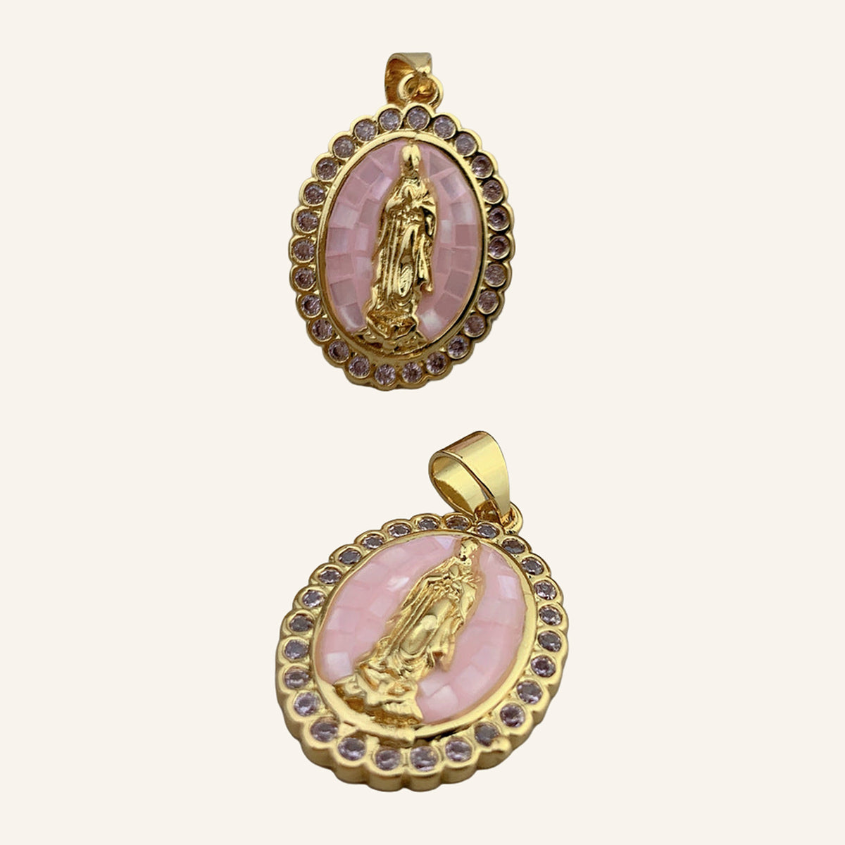 Virgen de Guadalupe Floral Pendant – Pink Mosaic, Scalloped Violet Frame – 4