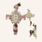 Virgen de Guadalupe Cross Pendant – Pink Teardrop CZ, Clear Halo