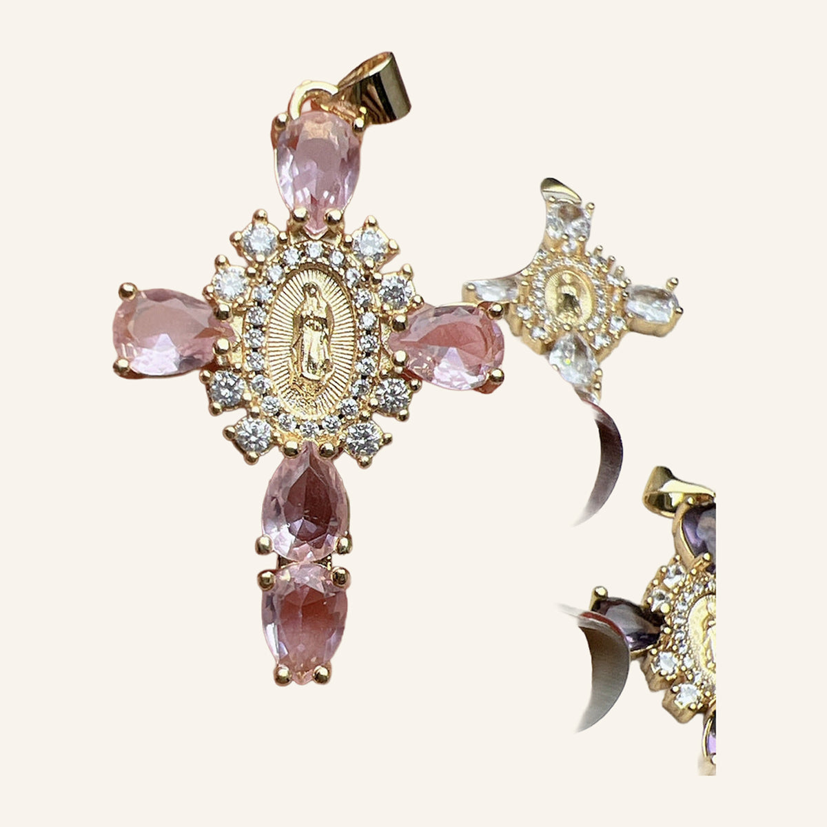 Virgen de Guadalupe Cross Pendant – Pink Teardrop CZ, Clear Halo
