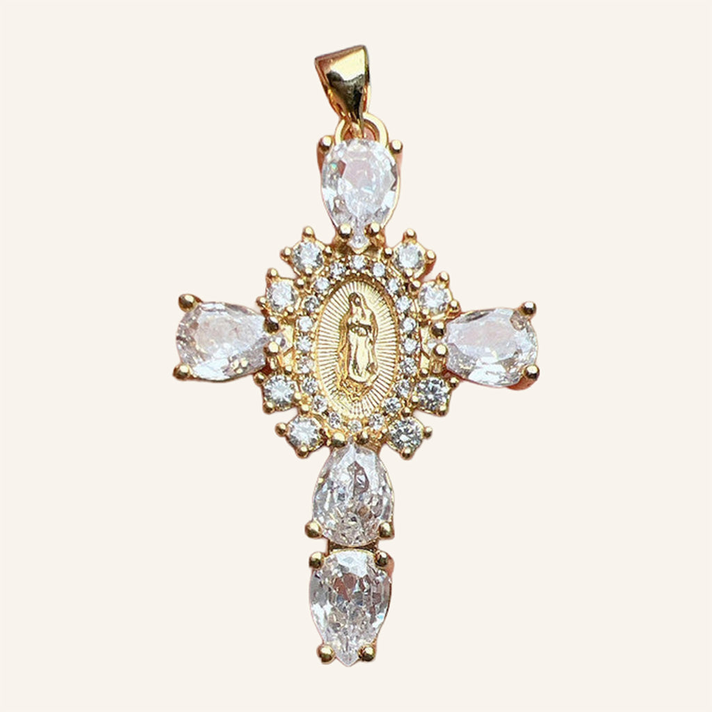 Virgen de Guadalupe Cross Pendant – Pink Teardrop CZ, Clear Halo – 2