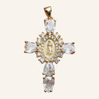Virgen de Guadalupe Cross Pendant – Pink Teardrop CZ, Clear Halo – 2