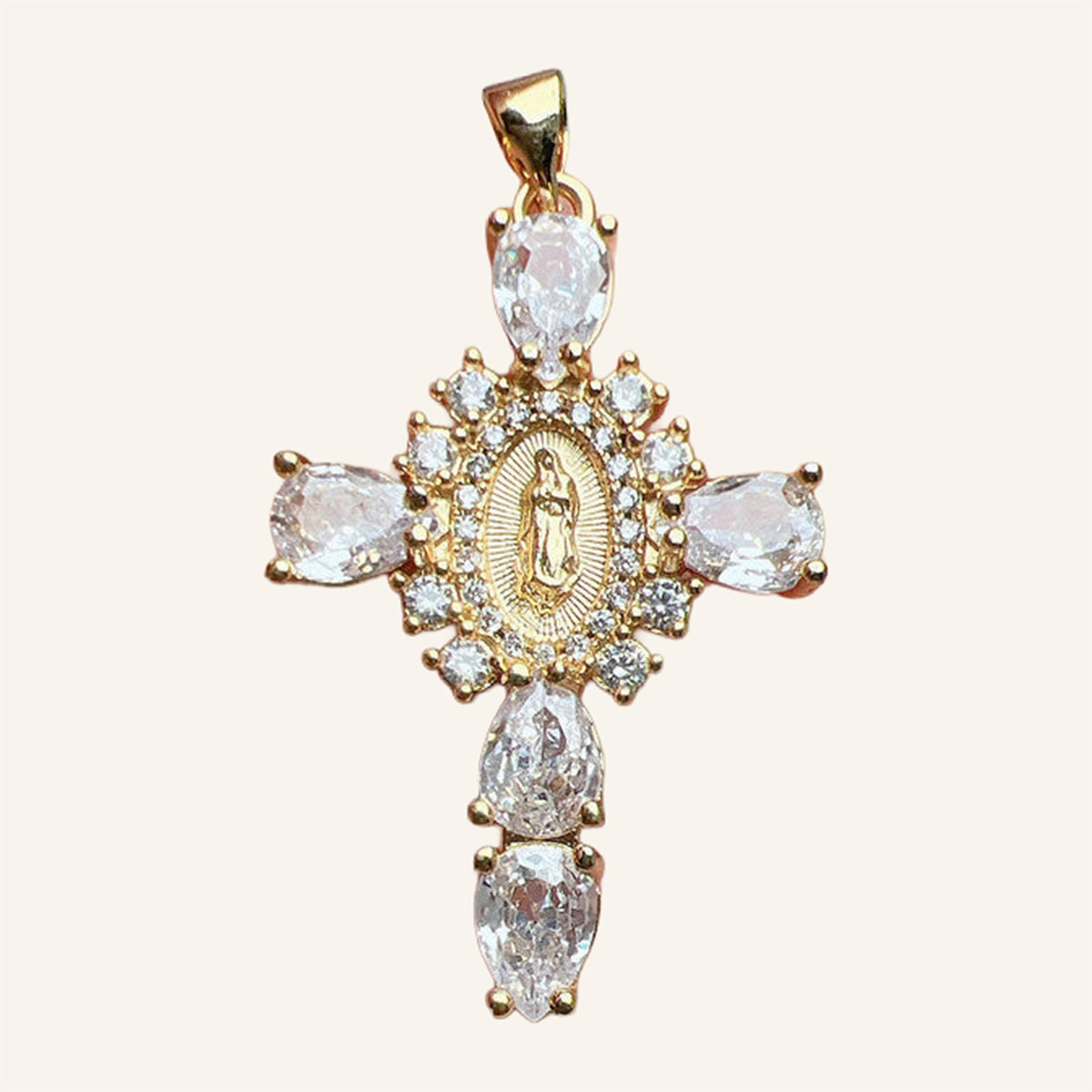 Virgen de Guadalupe Cross Pendant – Pink Teardrop CZ, Clear Halo – 2