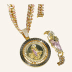 San Judas Tadeo Pink Robe Set – Greek Key Medal, Pink CZ Cuban Chain & Bracelet – 2