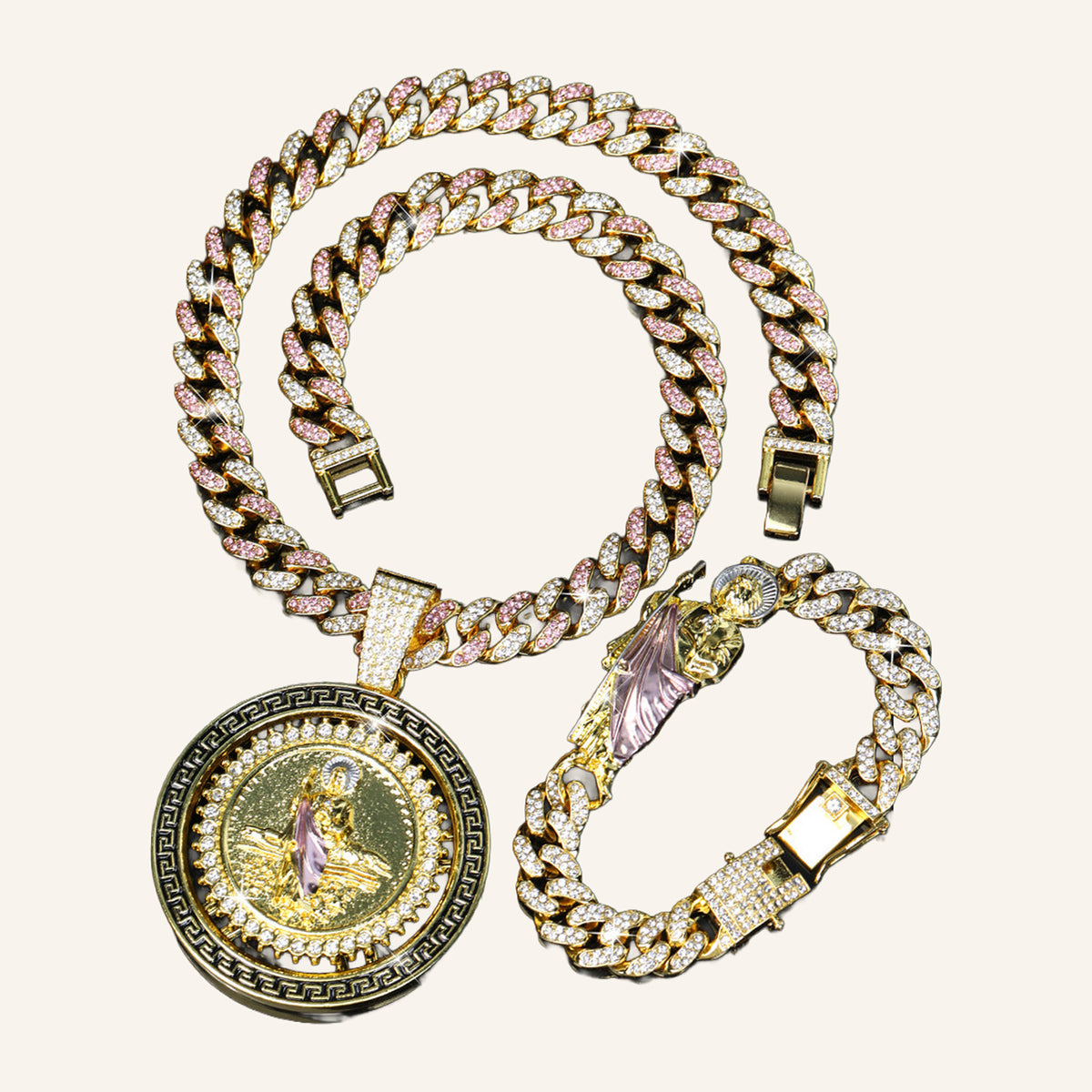 San Judas Tadeo Pink Robe Set – Greek Key Medal, Pink CZ Cuban Chain & Bracelet – 5