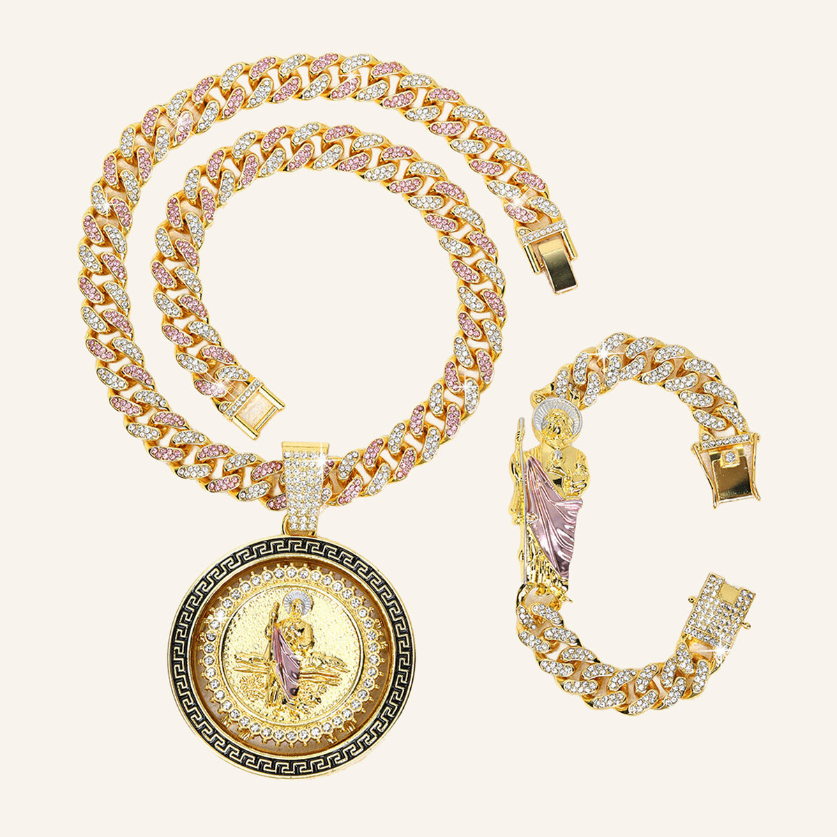 San Judas Tadeo Pink Robe Set – Greek Key Medal, Pink CZ Cuban Chain & Bracelet – 3
