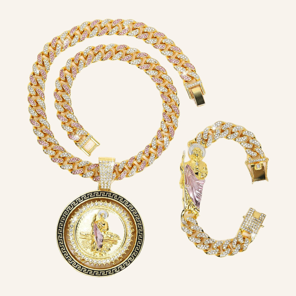 San Judas Tadeo Pink Robe Set – Greek Key Medal, Pink CZ Cuban Chain & Bracelet – 4