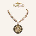 San Judas Tadeo Pink Robe Set – Greek Key Medal, Pink CZ Cuban Chain & Bracelet