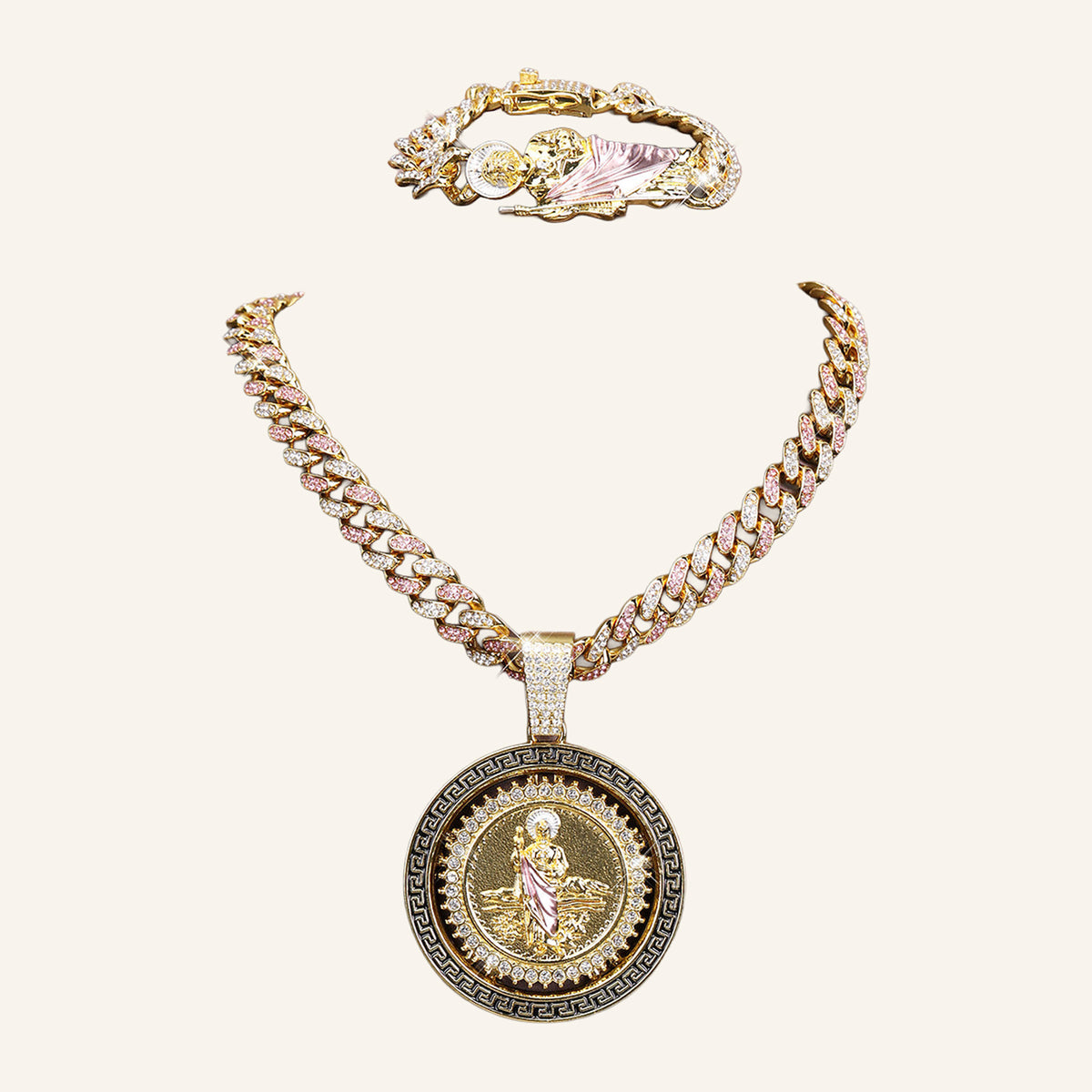 San Judas Tadeo Pink Robe Set – Greek Key Medal, Pink CZ Cuban Chain & Bracelet