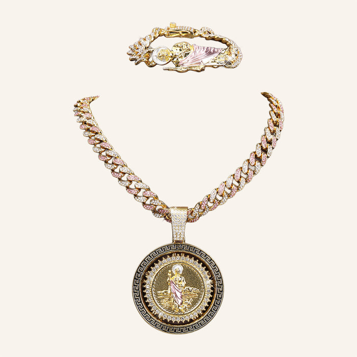 San Judas Tadeo Pink Robe Set – Greek Key Medal, Pink CZ Cuban Chain & Bracelet