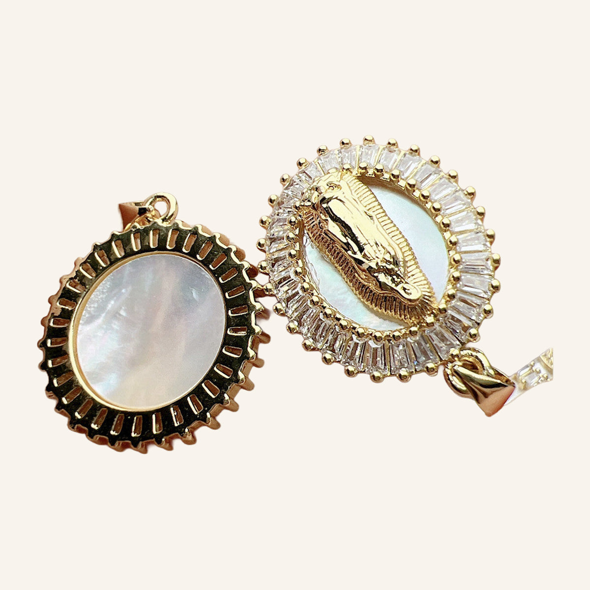 Virgen de Guadalupe Radiant Pendant – Pearly Center, Gold Rays – 2