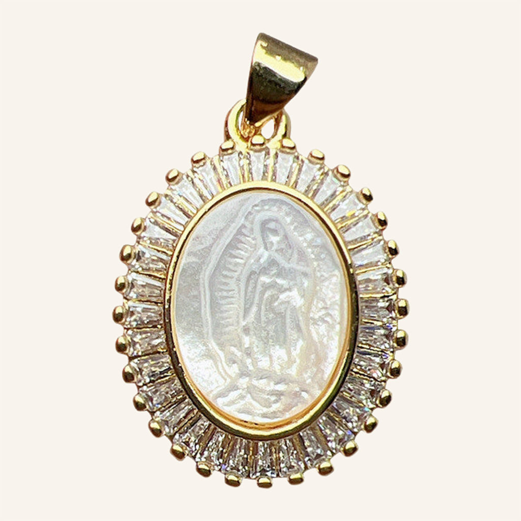 Virgen de Guadalupe Radiant Pendant – Pearly Center, Gold Rays