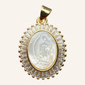 Virgen de Guadalupe Radiant Pendant – Pearly Center, Gold Rays