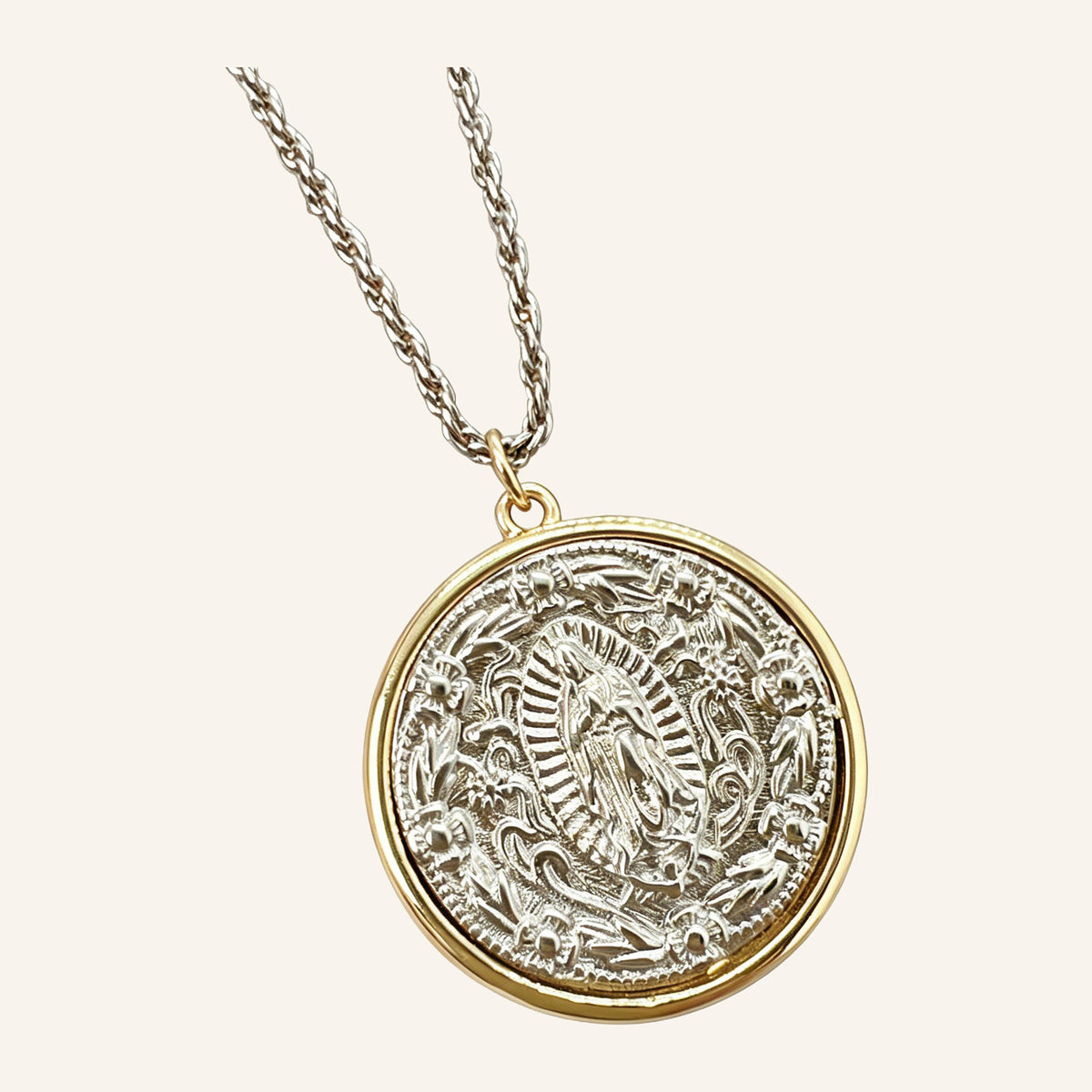 Reversible Devotional Medal Necklace – Two Images, Gold Tone