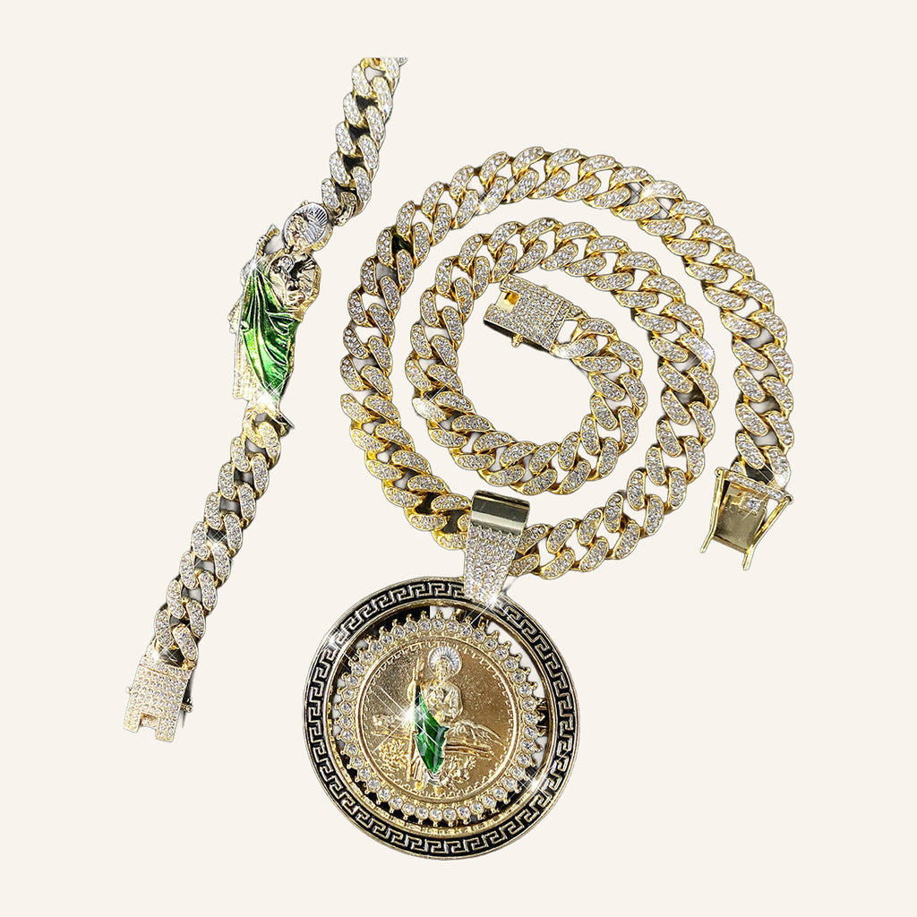 San Judas Tadeo Iced Set – Large Green Robe Medal, CZ Cuban Chain & Bracelet – 3