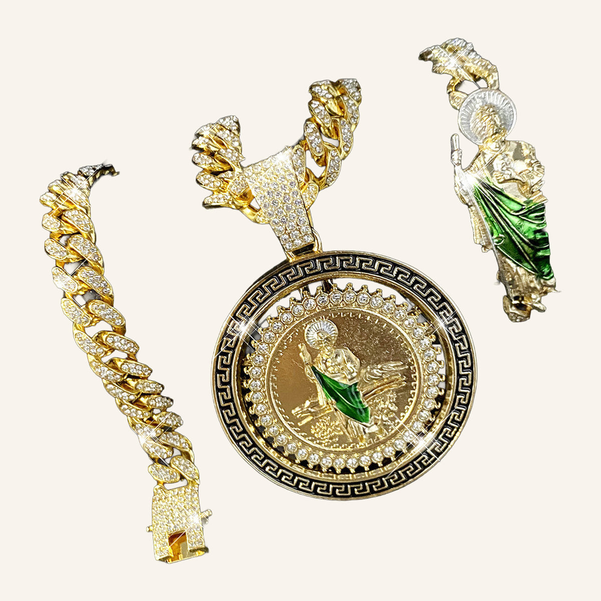 San Judas Tadeo Iced Set – Large Green Robe Medal, CZ Cuban Chain & Bracelet – 4
