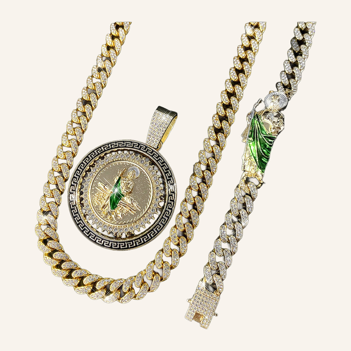 San Judas Tadeo Iced Set – Large Green Robe Medal, CZ Cuban Chain & Bracelet – 2