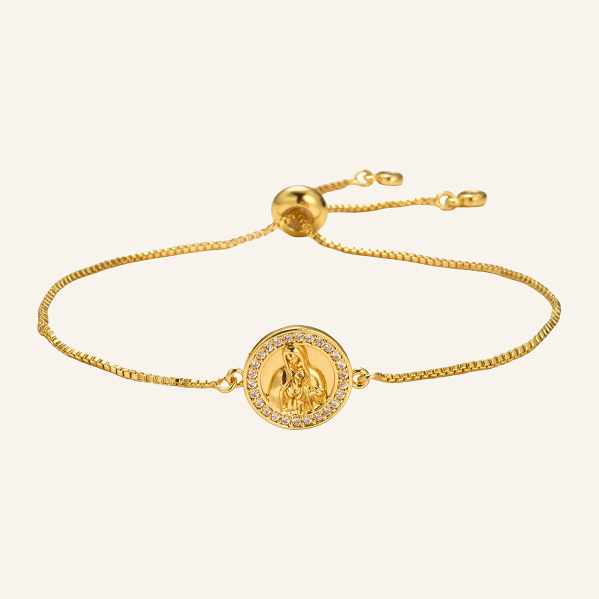 Virgen de Guadalupe Round Medal Bracelet – CZ Edge, Adjustable – 2
