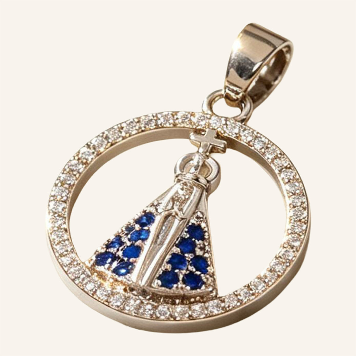 Virgen María Round Pendant – CZ Frame, Gold Tone – 3