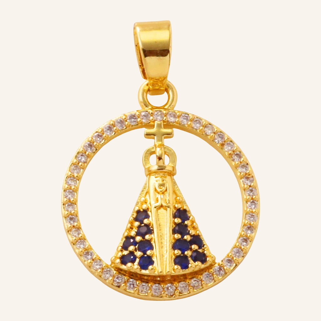 Virgen María Round Pendant – CZ Frame, Gold Tone