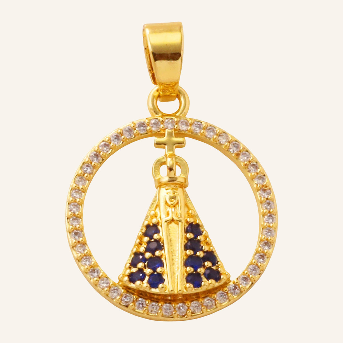 Virgen María Round Pendant – CZ Frame, Gold Tone
