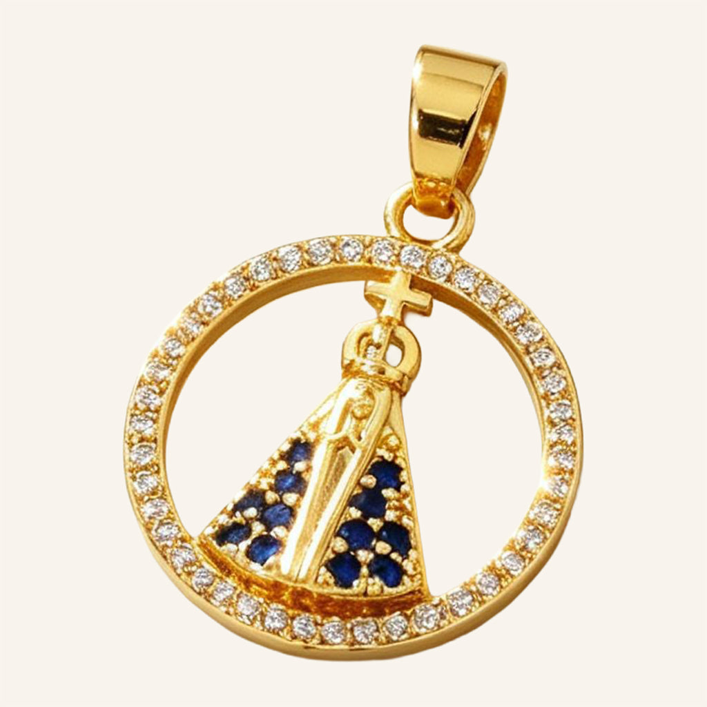 Virgen María Round Pendant – CZ Frame, Gold Tone – 2