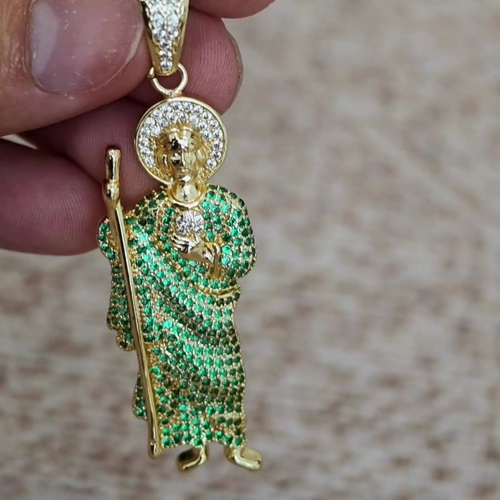 San Judas Tadeo green CZ figure pendant with pavé bail, close-up