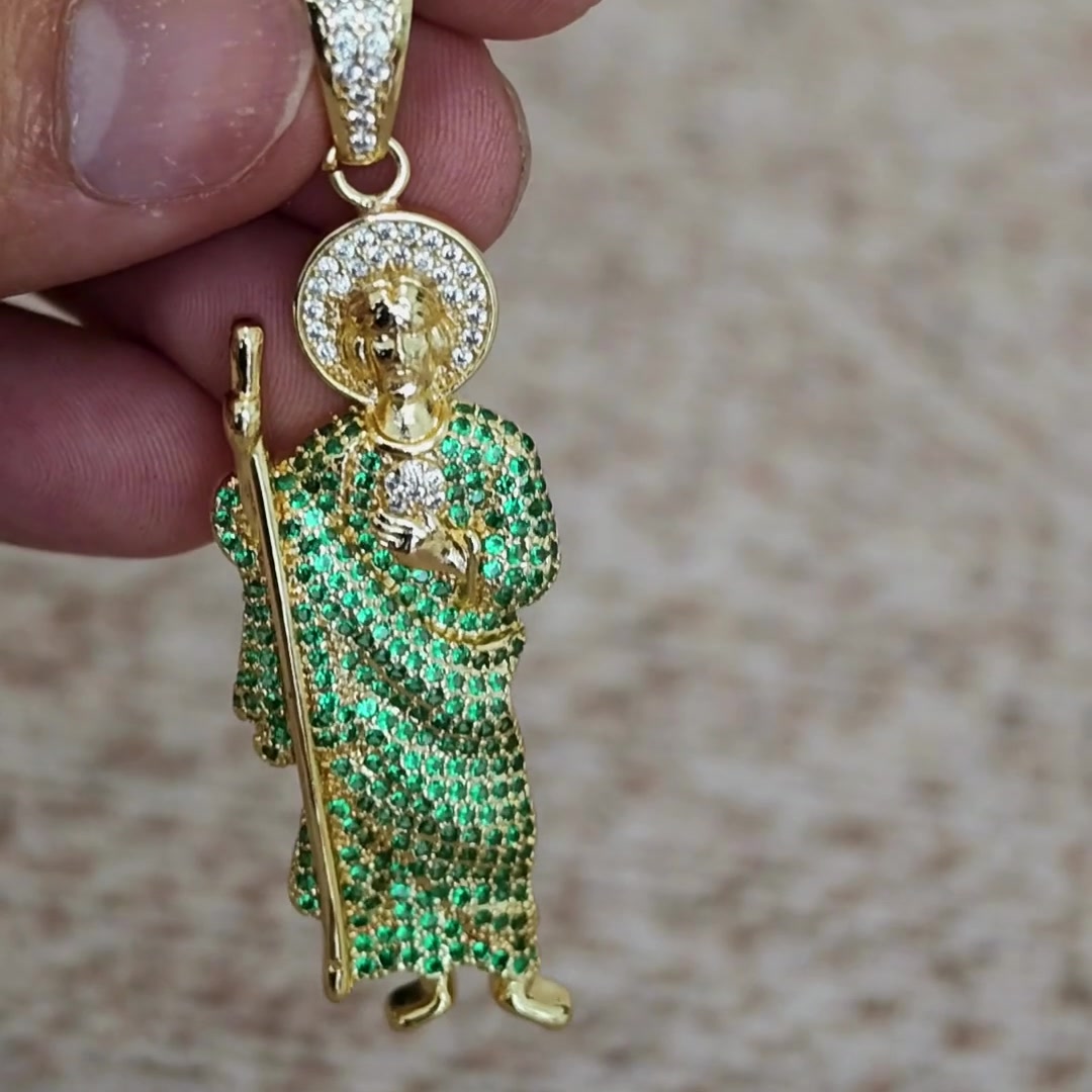 San Judas Tadeo green CZ figure pendant with pavé bail, close-up