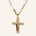 San Judas Tadeo iced cross necklace in gold tone, front view
