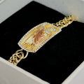 San Judas Tadeo esclava ID bracelet with CZ border in the Lupe Oro gift box