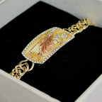San Judas Tadeo esclava ID bracelet with CZ border in the Lupe Oro gift box