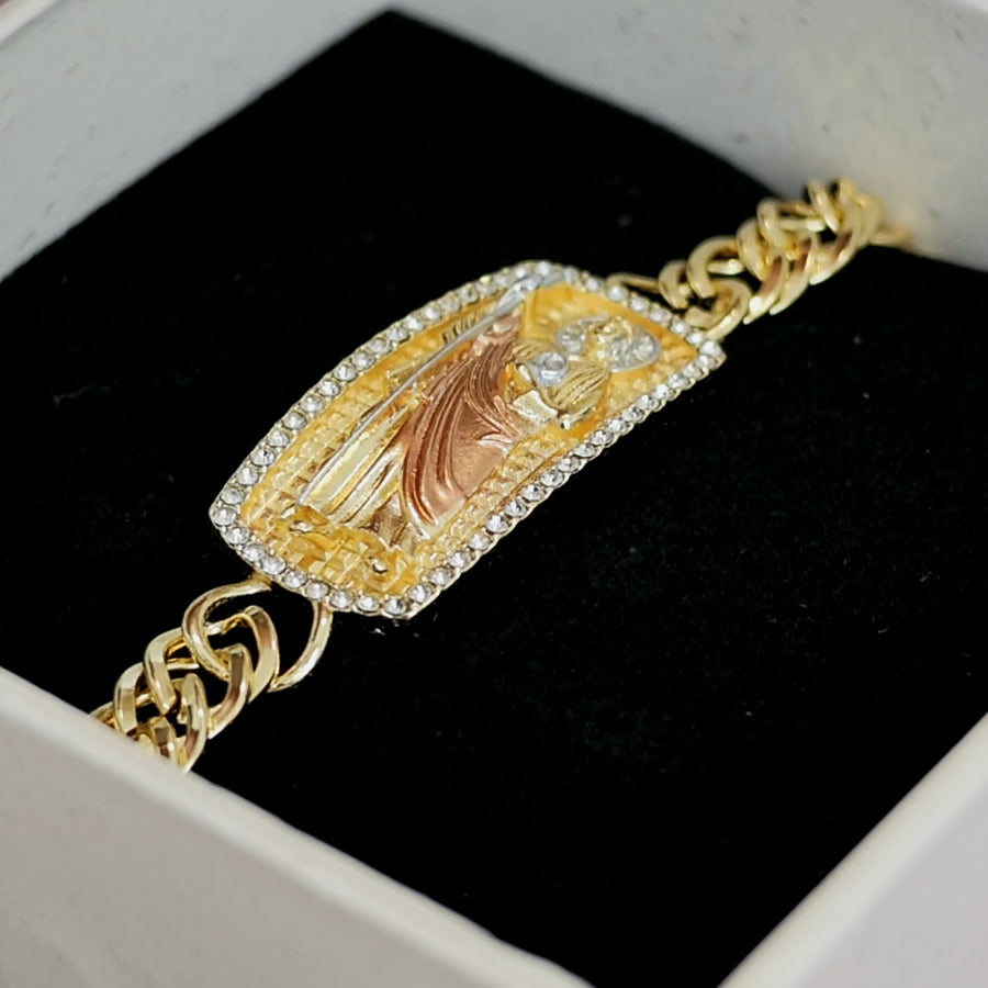San Judas Tadeo esclava ID bracelet with CZ border in the Lupe Oro gift box