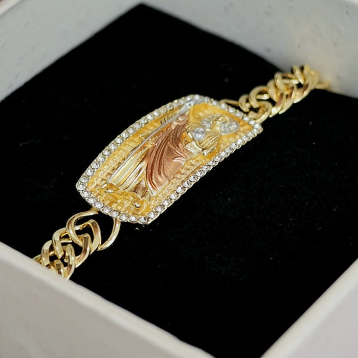 San Judas Tadeo esclava ID bracelet with CZ border in the Lupe Oro gift box