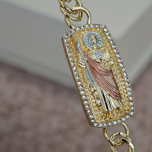 San Judas Tadeo Esclava ID Bracelet – Tri-Tone Plate, CZ Border, Cuban Link