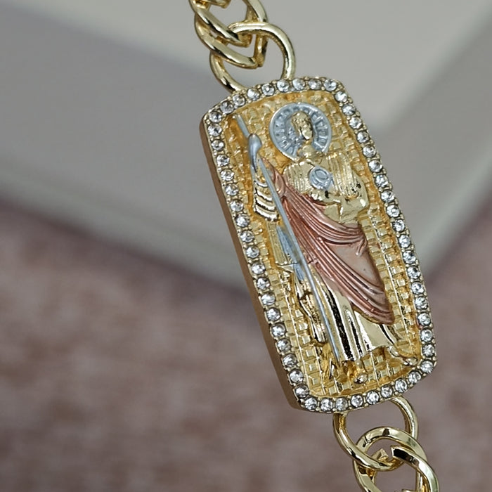 San Judas Tadeo Esclava ID Bracelet – Tri-Tone Plate, CZ Border, Cuban Link