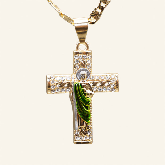 Collar cruz de San Judas Tadeo con túnica verde, vista frontal