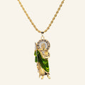 San Judas Tadeo green enamel robe on a gold-plated rope chain, full necklace view