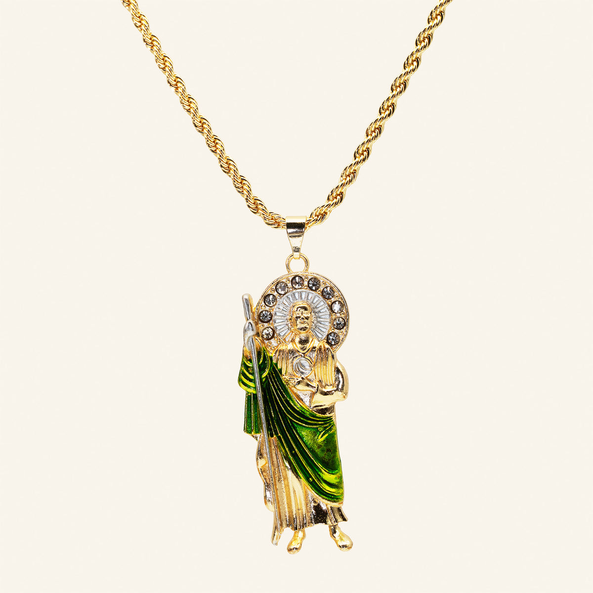 San Judas Tadeo green enamel robe on a gold-plated rope chain, full necklace view