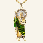 San Judas Tadeo green enamel robe pendant, full figure with staff and halo