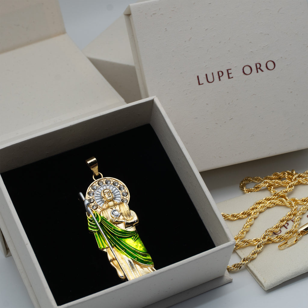 San Judas Tadeo green enamel robe necklace in the Lupe Oro gift box with pouch
