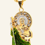 San Judas Tadeo green enamel robe pendant close-up of the halo, face and bail