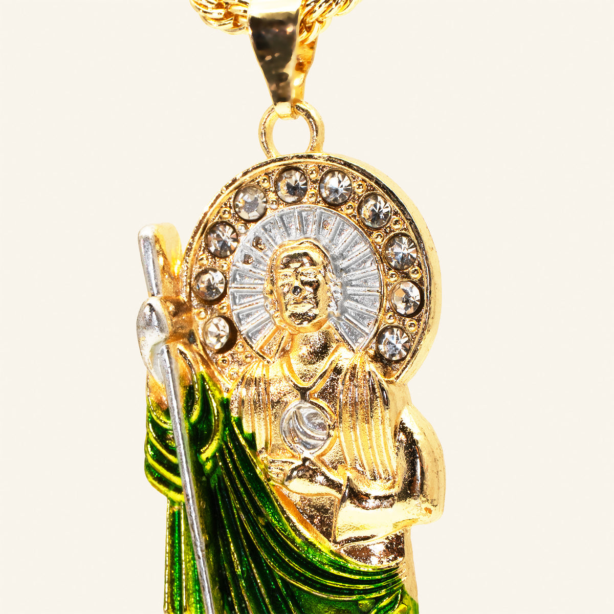 San Judas Tadeo green enamel robe pendant close-up of the halo, face and bail