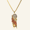 San Judas Tadeo rose gold robe on a gold-plated rope chain, full necklace view