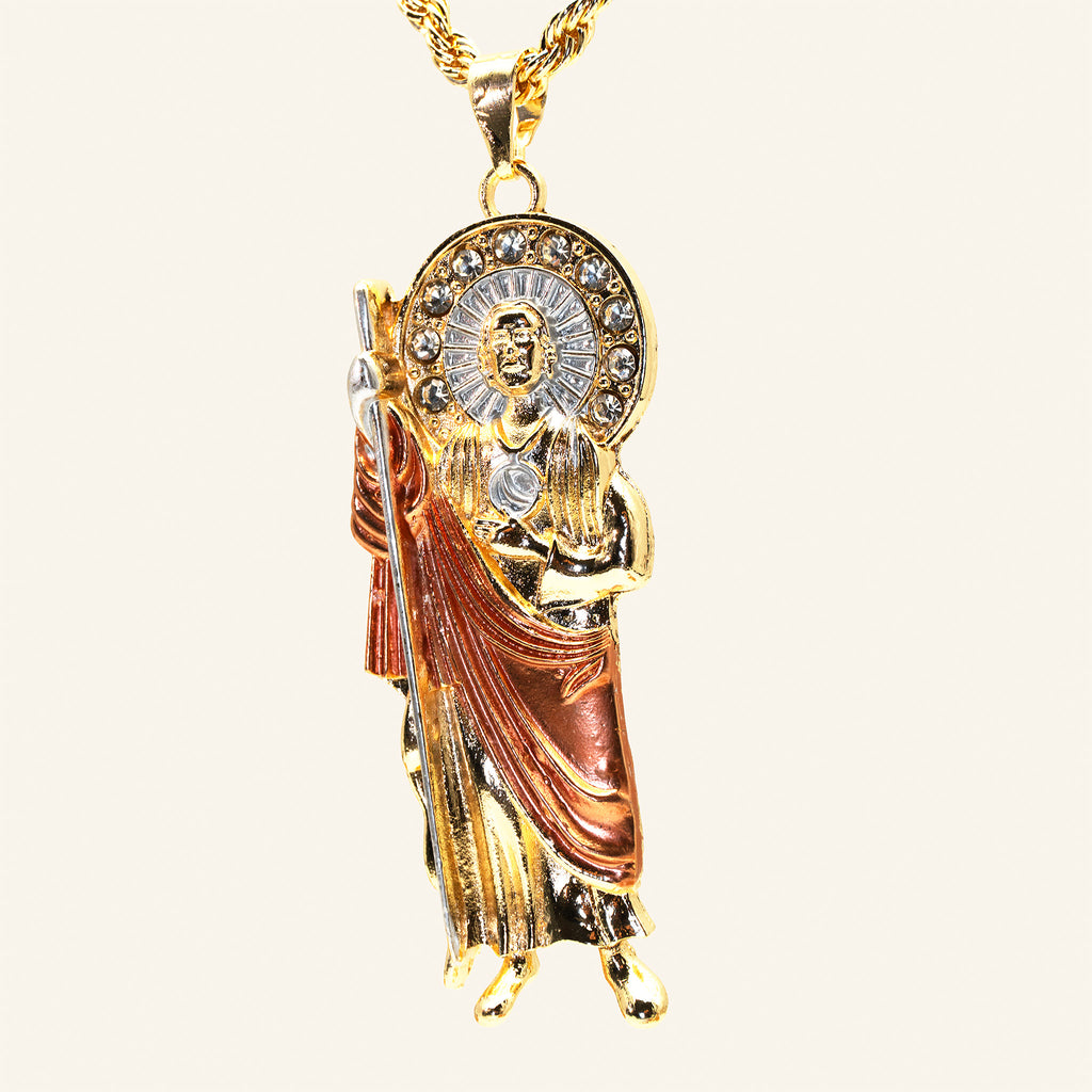 San Judas Tadeo rose gold robe pendant, full figure with staff and halo
